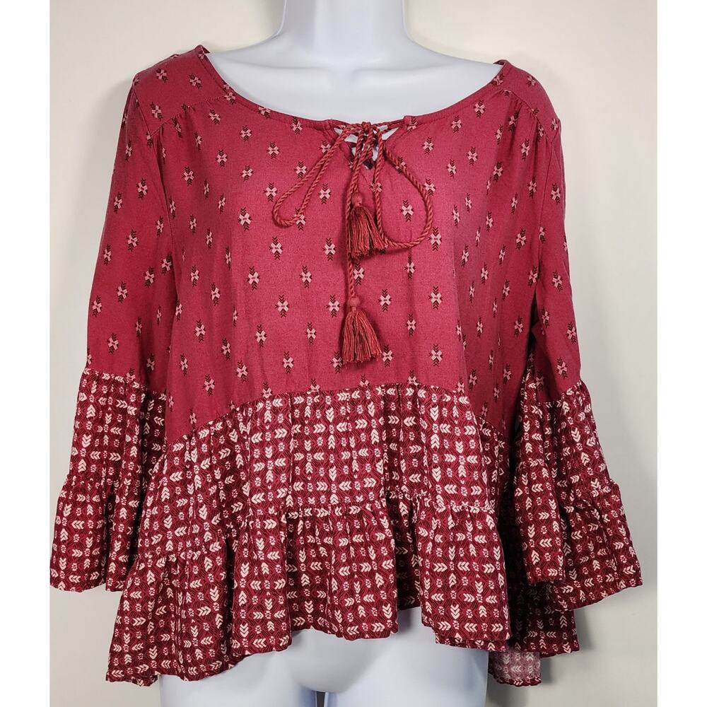 Mudd Women's Boho Peplum Tassel Tie Blouse‎ Red Print Size L Rayon